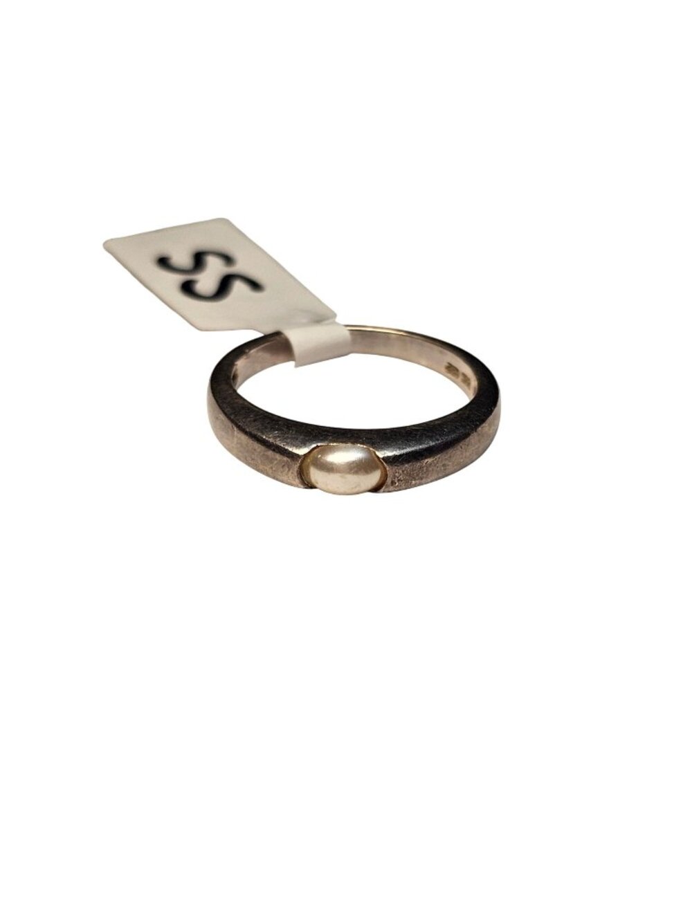 (725) Sterling Silver Ring Band Genuine Pearl Stone Vintage Design Size 7